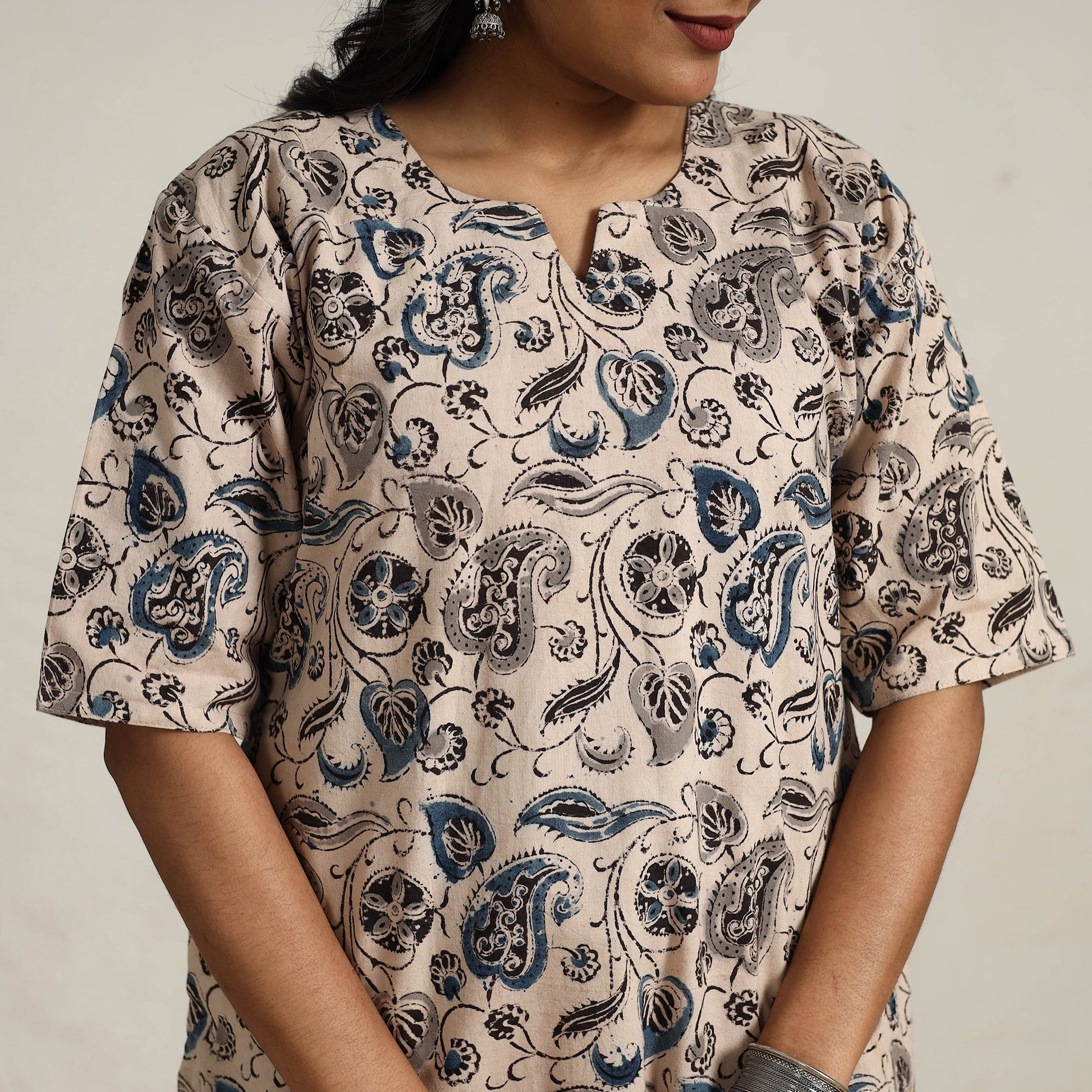 Beige - Block Printed Cotton Kalamkari Kurta Set 06