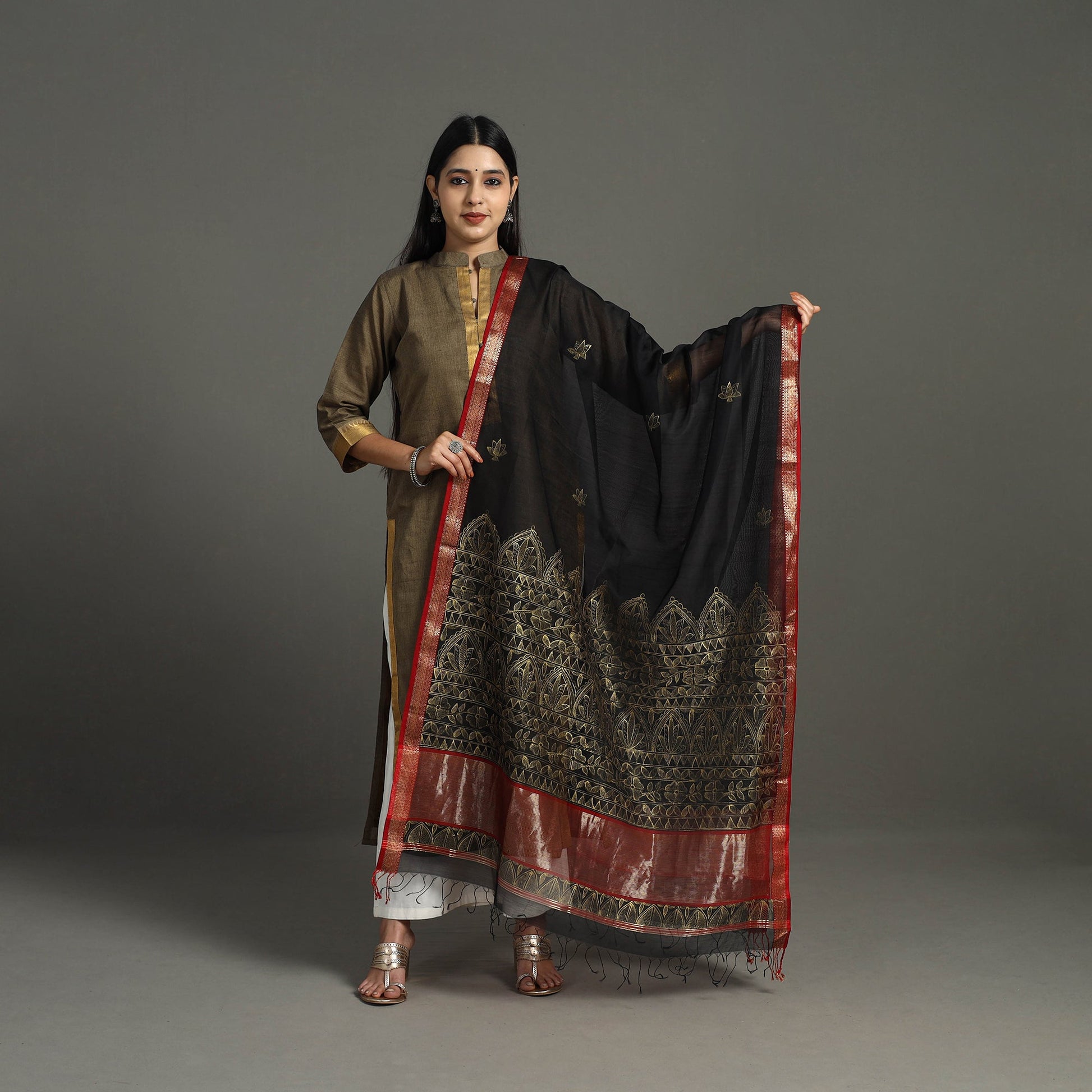 Black -  Handpainted Maheshwari Silk Madhubani Dupatta 34