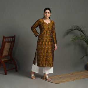 Brown - Mercerised Cotton Straight Pochampally Ikat Kurta 15