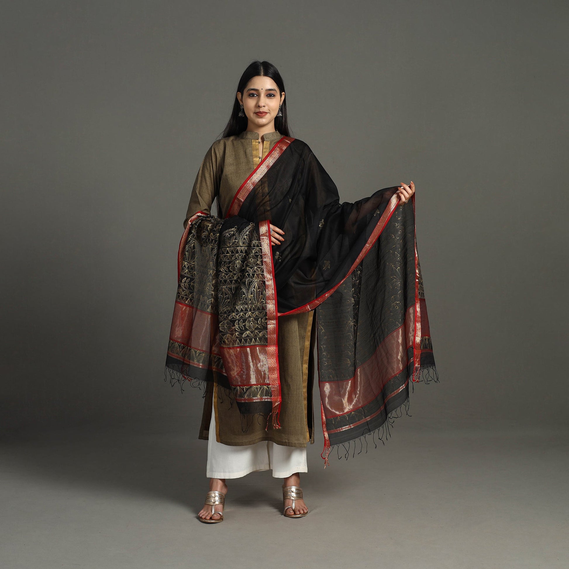Black -  Handpainted Maheshwari Silk Madhubani Dupatta 34
