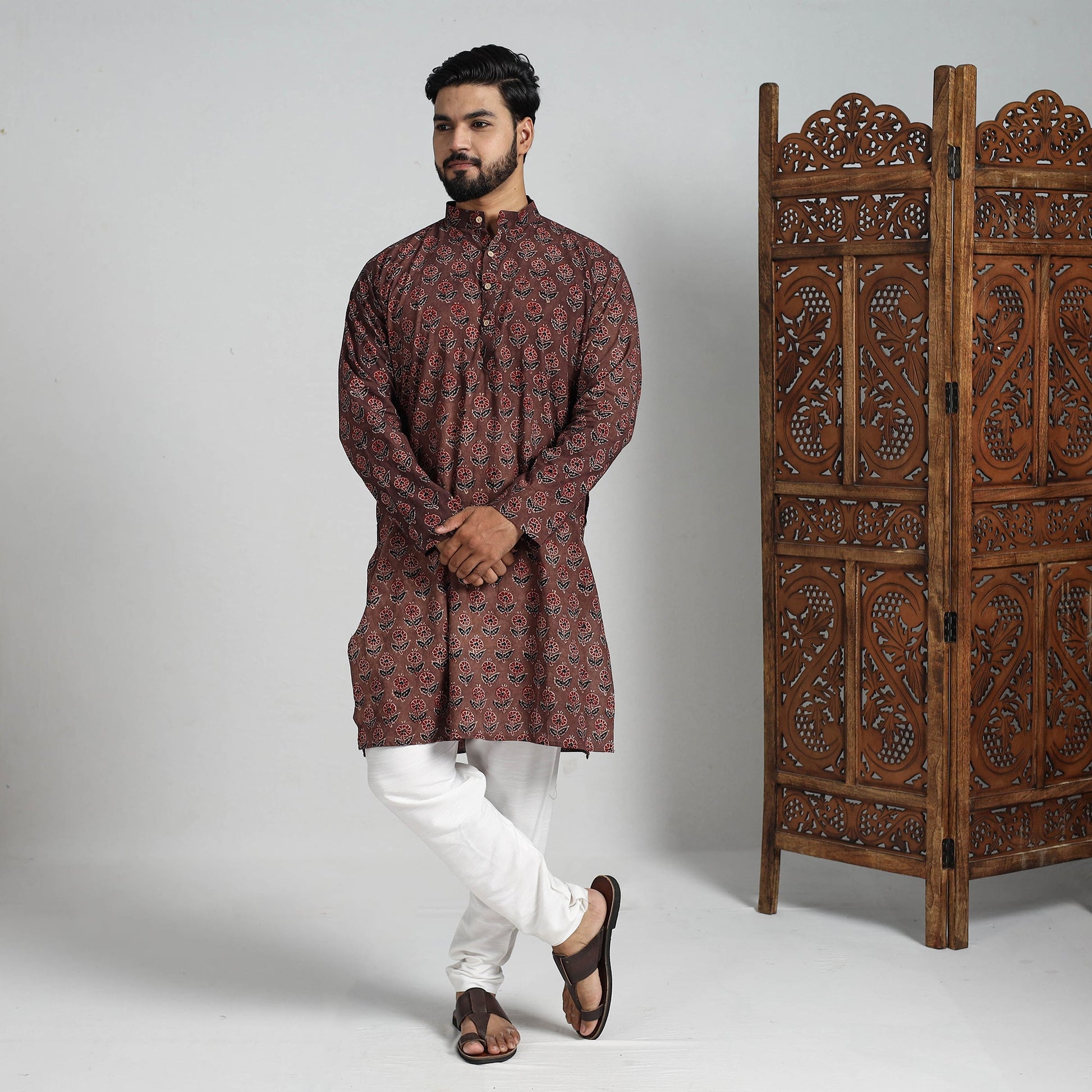 Ajrakh Block Printed Cotton Men Long Kurta 14