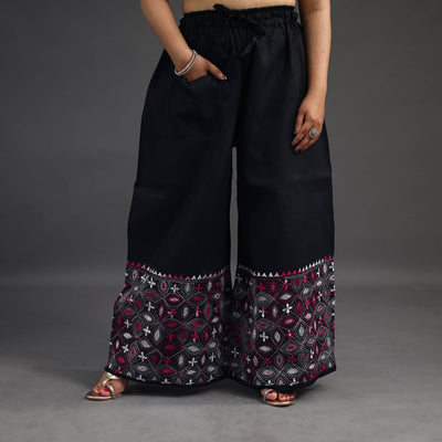 Black - Kantha Hand Embroidery Palazzo in Cotton 17
