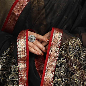 Black -  Handpainted Maheshwari Silk Madhubani Dupatta 34