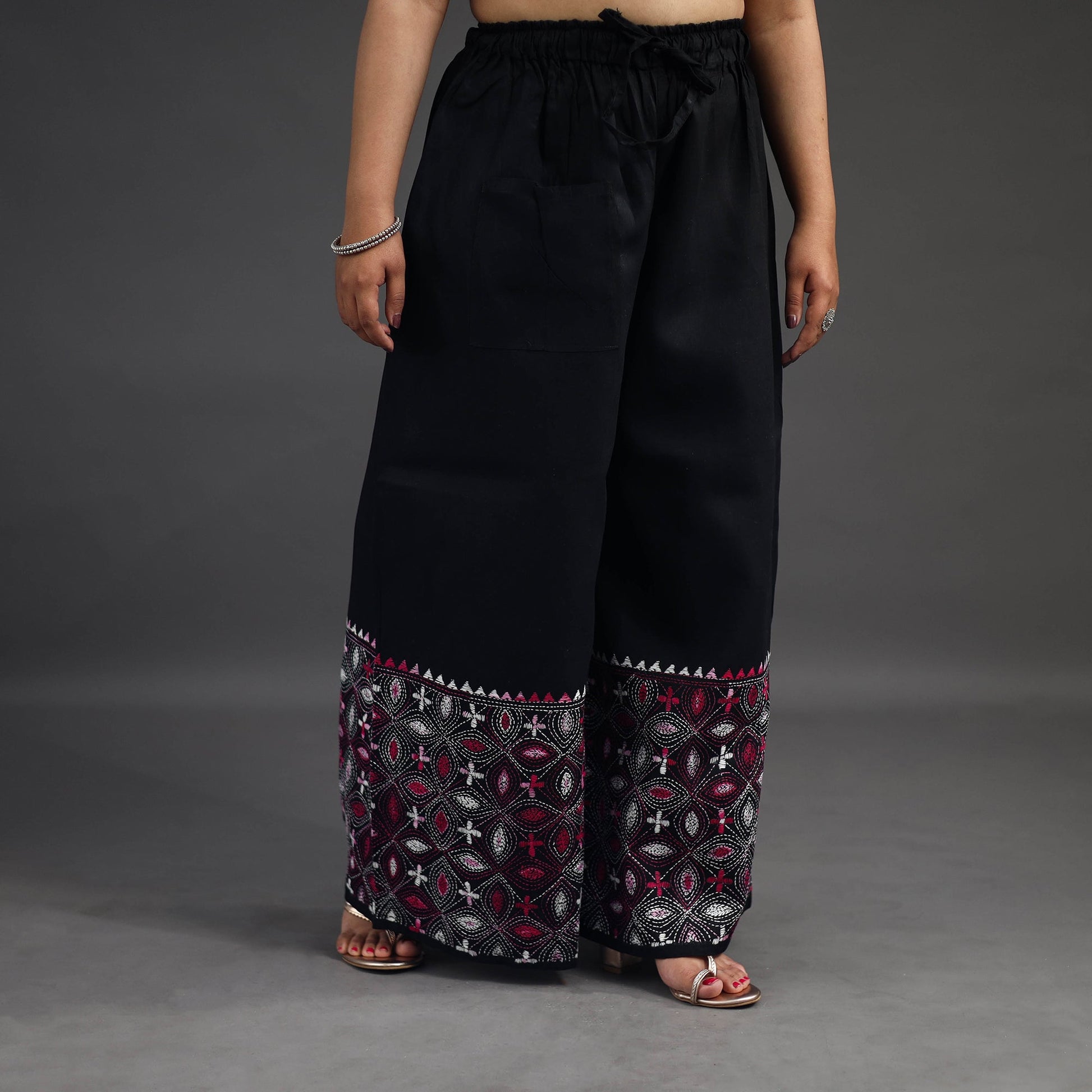 Black - Kantha Hand Embroidery Palazzo in Cotton 17