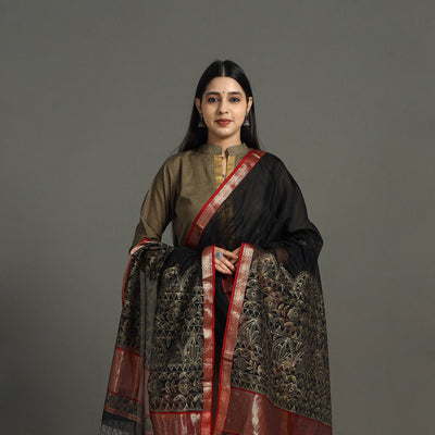 Black -  Handpainted Maheshwari Silk Madhubani Dupatta 34