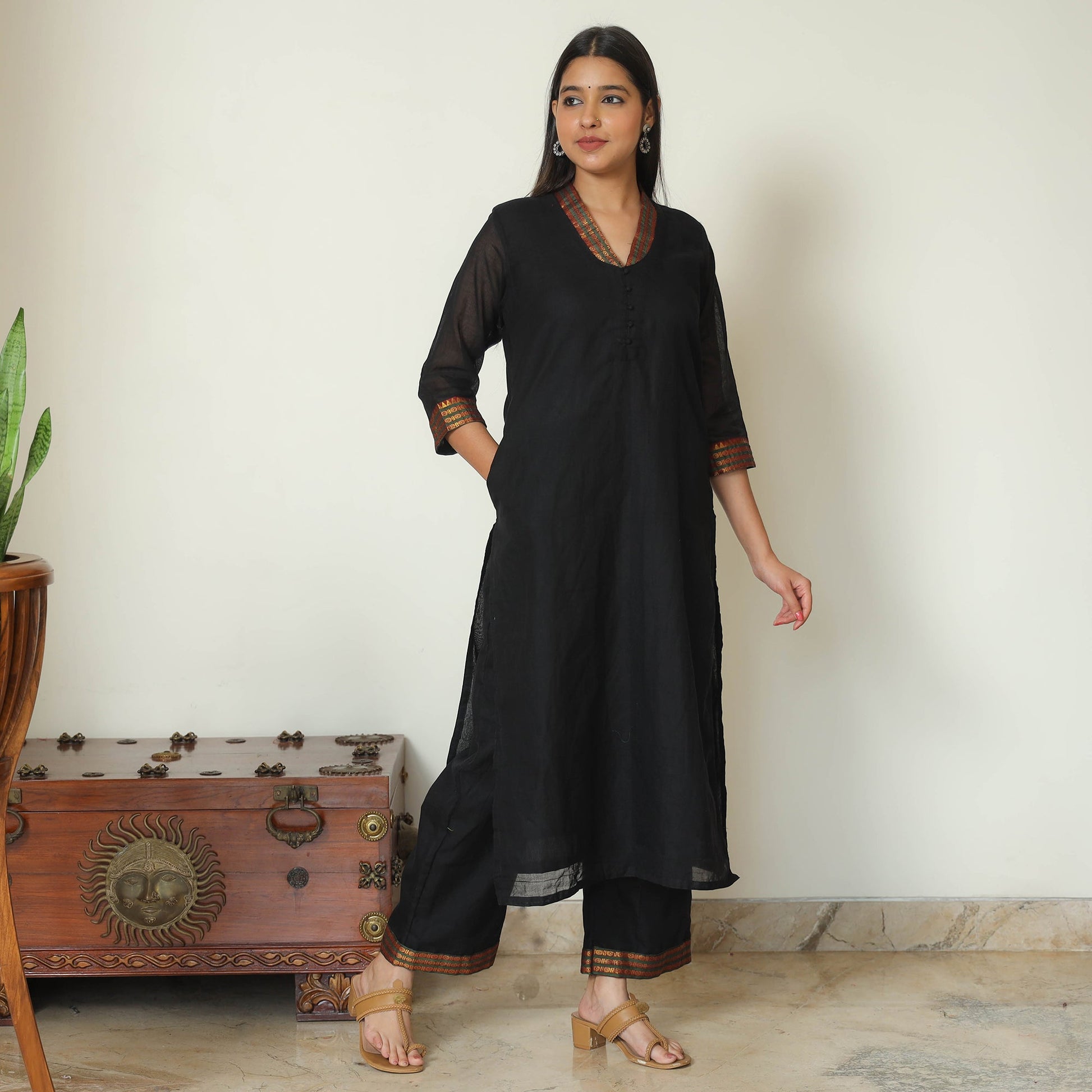 Black - Dharwad Cotton Kurta with Palazzo & Dupatta Set 08