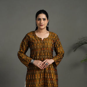 Brown - Mercerised Cotton Straight Pochampally Ikat Kurta 15