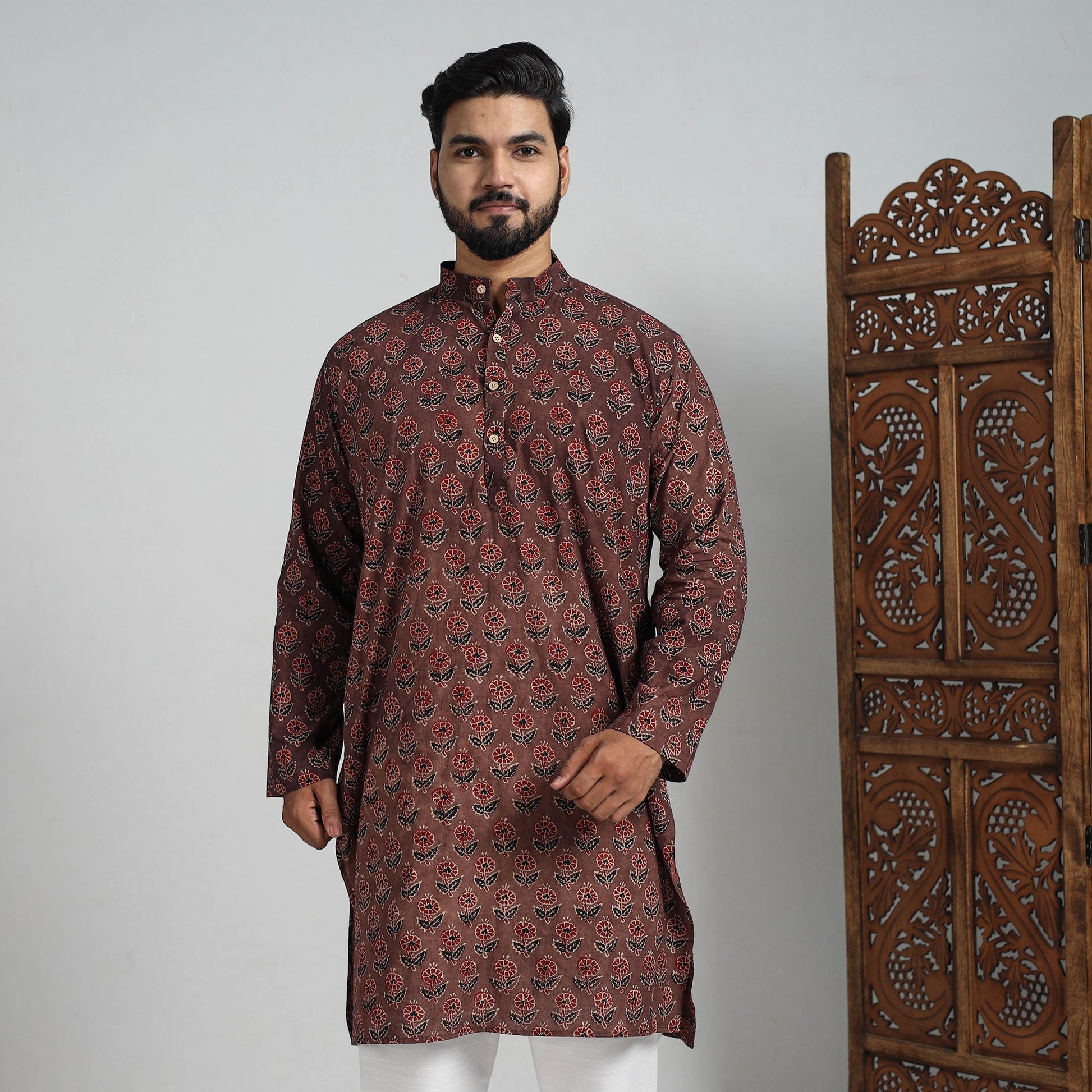 Ajrakh Block Printed Cotton Men Long Kurta 14