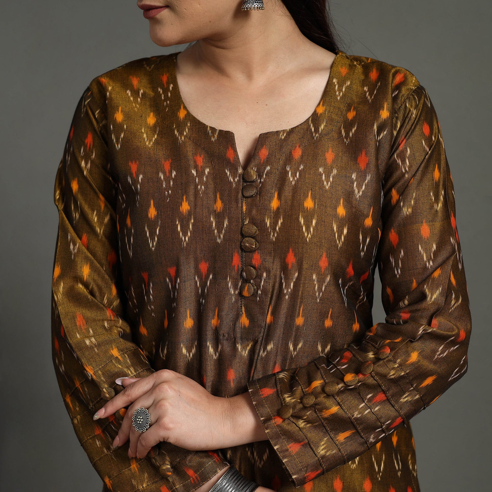 Brown - Mercerised Cotton Straight Pochampally Ikat Kurta 15