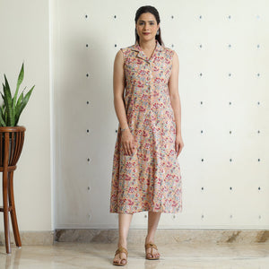 Beige - Sanganeri Block Printed Cotton Collared Neck Buttoned Down Dress