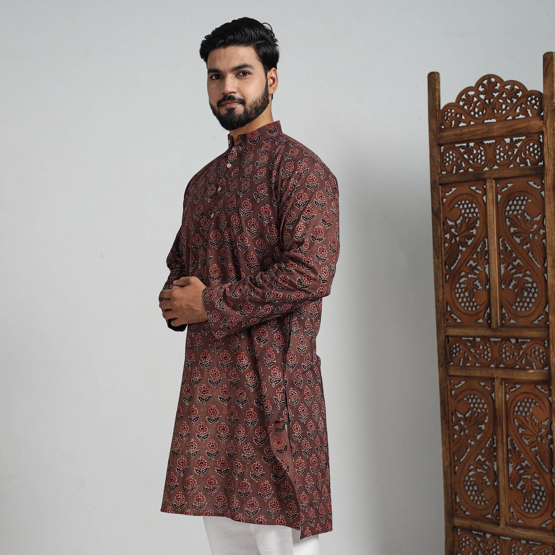 Ajrakh Block Printed Cotton Men Long Kurta 14