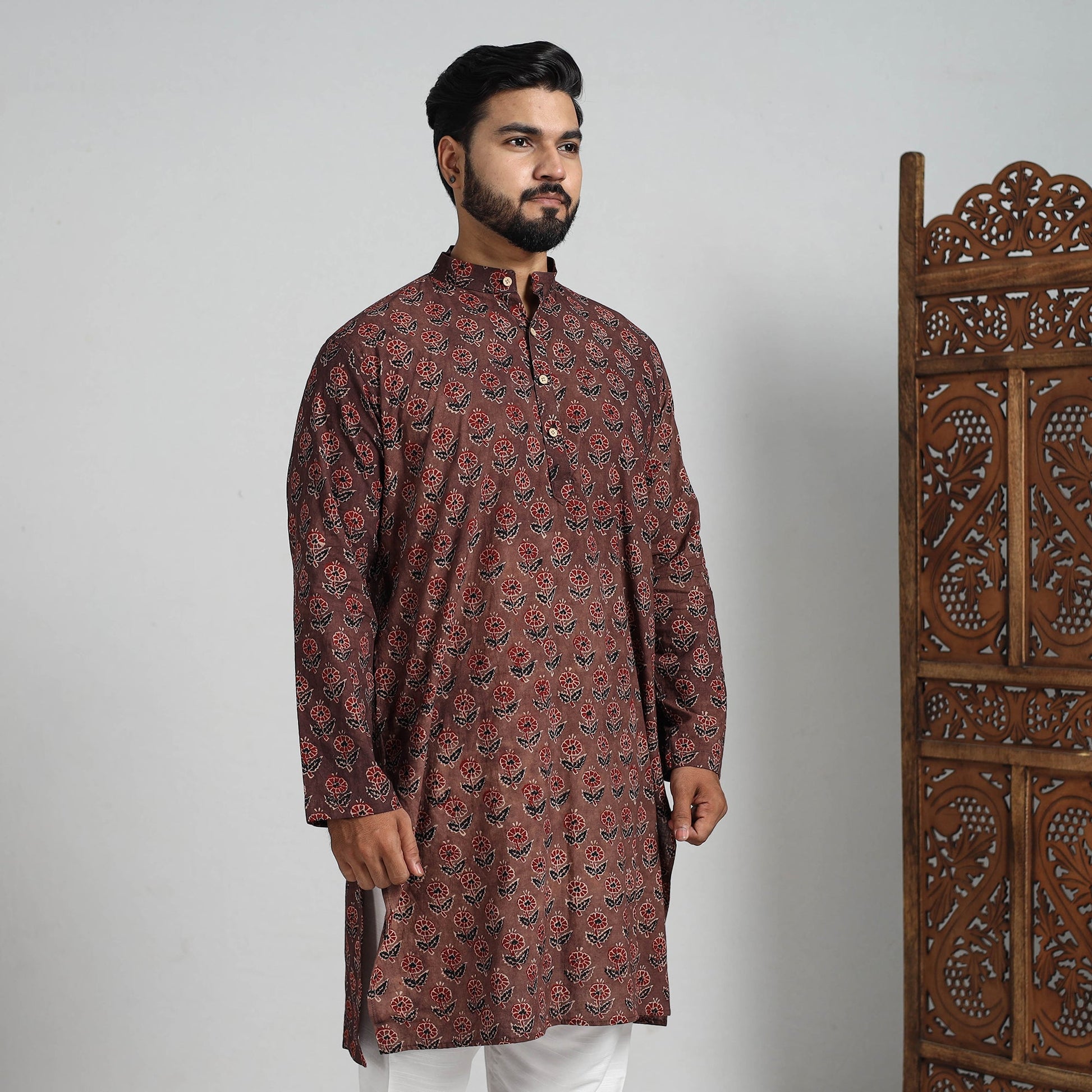 Ajrakh Block Printed Cotton Men Long Kurta 14