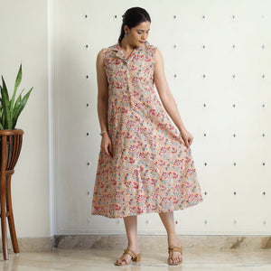 Beige - Sanganeri Block Printed Cotton Collared Neck Buttoned Down Dress