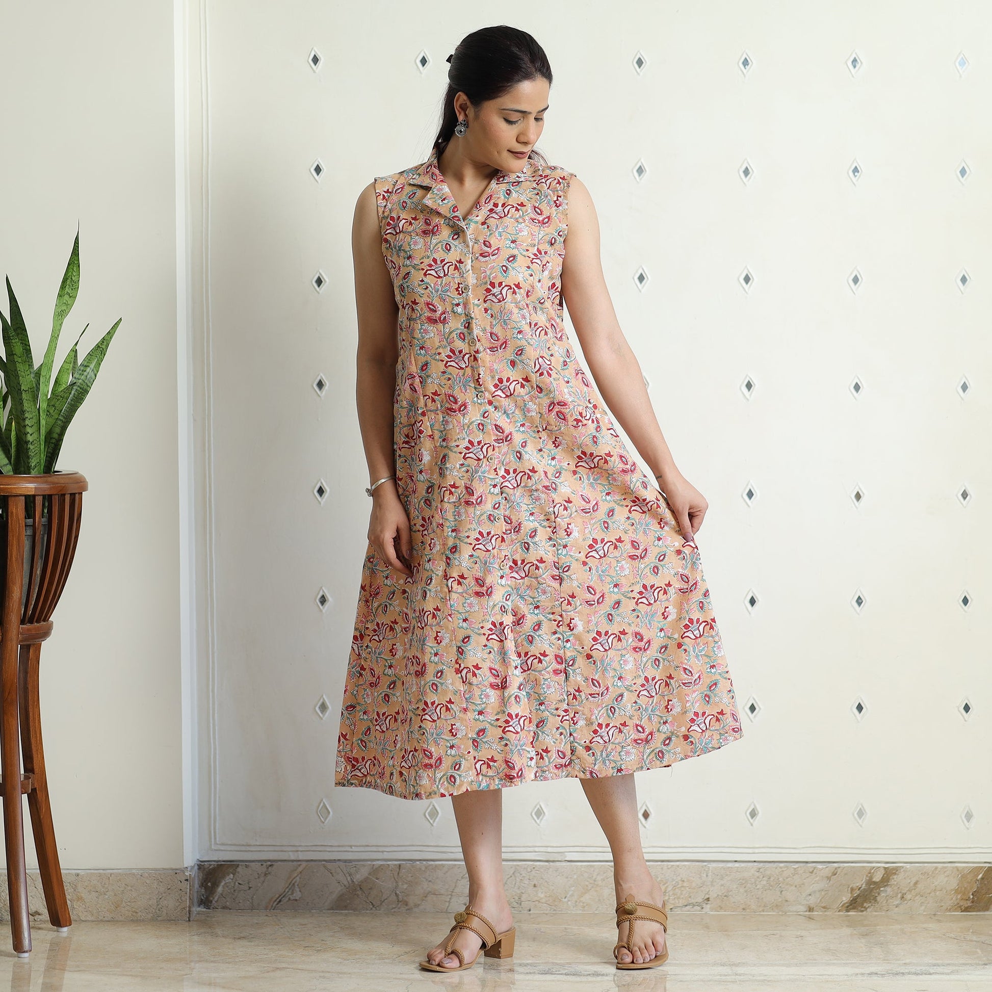 Beige - Sanganeri Block Printed Cotton Collared Neck Buttoned Down Dress