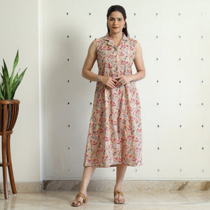 Beige - Sanganeri Block Printed Cotton Collared Neck Buttoned Down Dress
