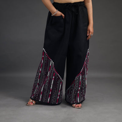 Black - Kantha Hand Embroidery Palazzo in Cotton 18