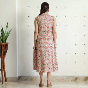 Beige - Sanganeri Block Printed Cotton Collared Neck Buttoned Down Dress