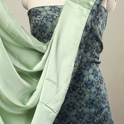 Blue - 3pc Modal Silk Ajrakh Print Kurta with Plain Dupatta 10