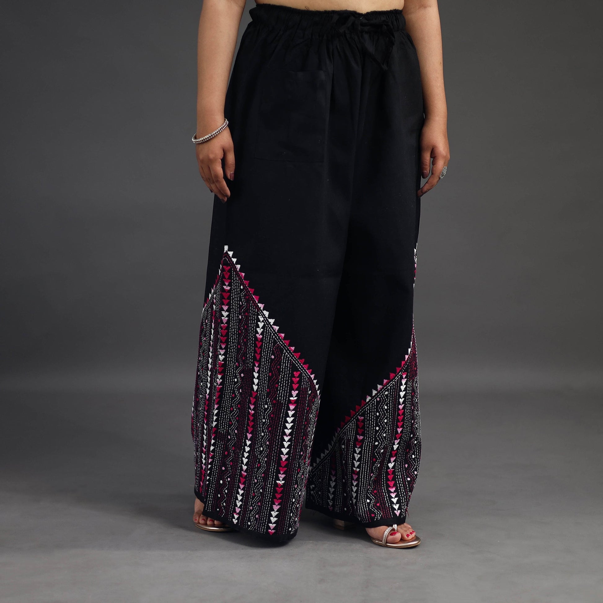 Black - Kantha Hand Embroidery Palazzo in Cotton 18