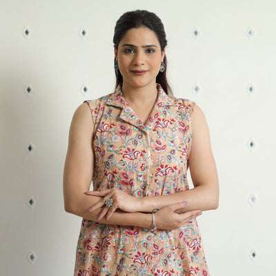 Beige - Sanganeri Block Printed Cotton Collared Neck Buttoned Down Dress