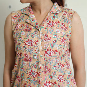 Beige - Sanganeri Block Printed Cotton Collared Neck Buttoned Down Dress