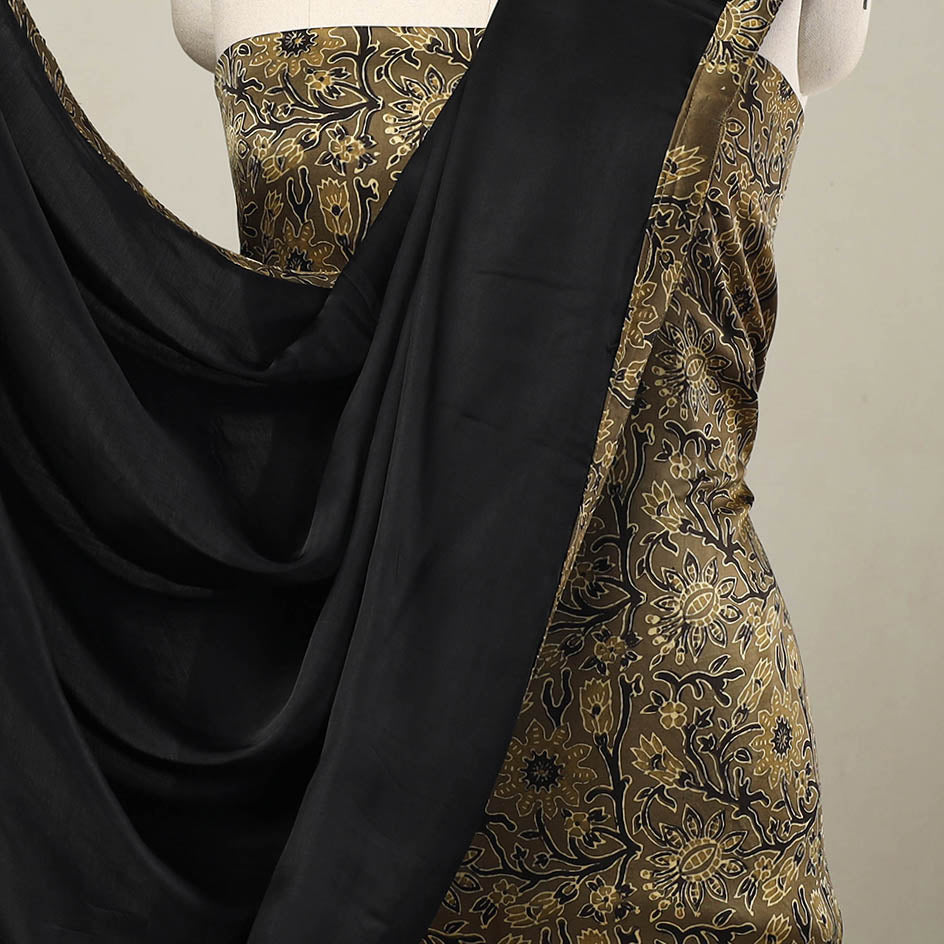 Brown - 3pc Modal Silk Ajrakh Print Kurta with Plain Dupatta 11