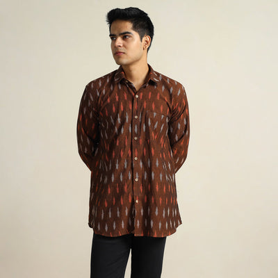 Brown - Pochampally Ikat Weave Cotton Men Full Sleeve Shirt 26