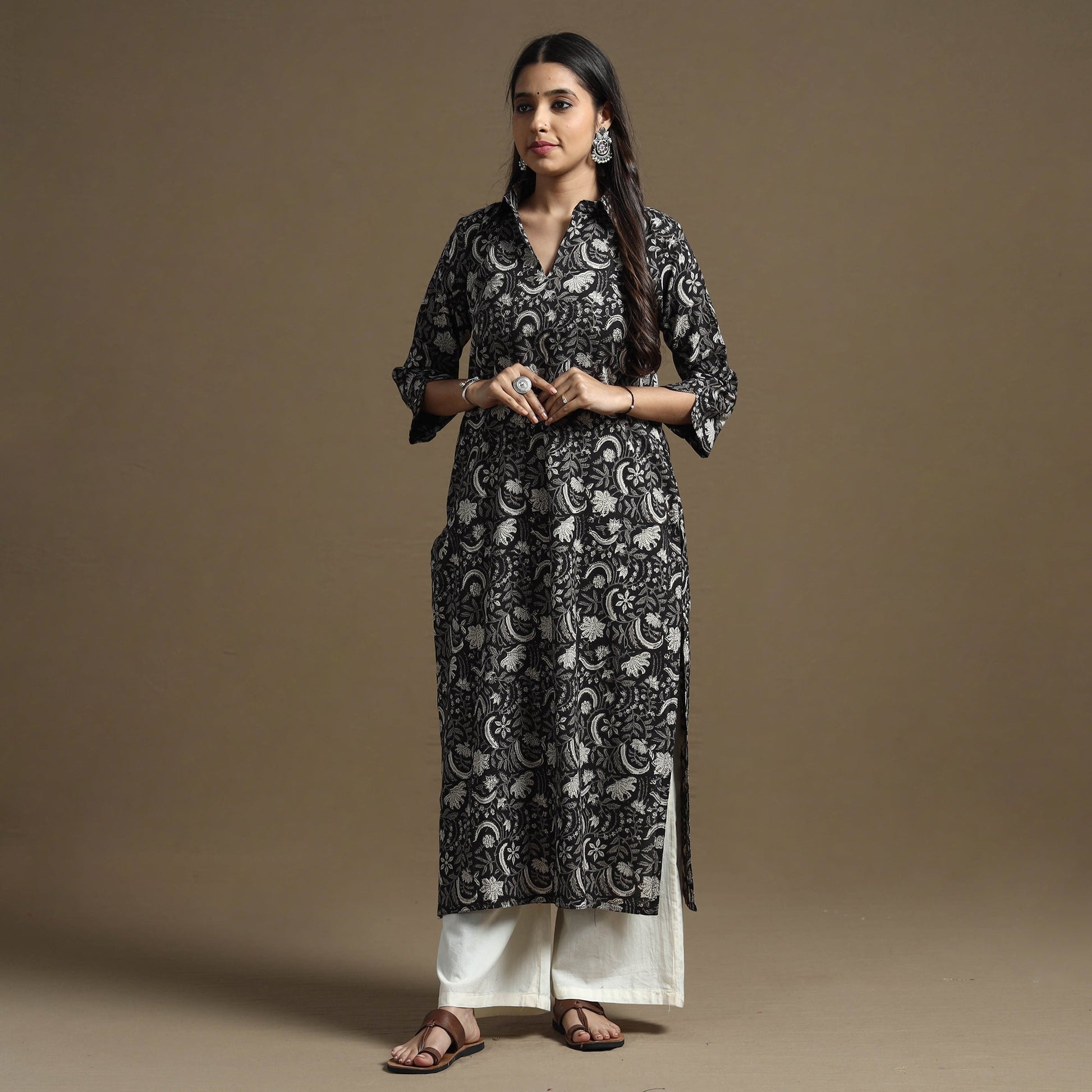 Black - Bagru Hand Block Printed Cotton Straight Kurta