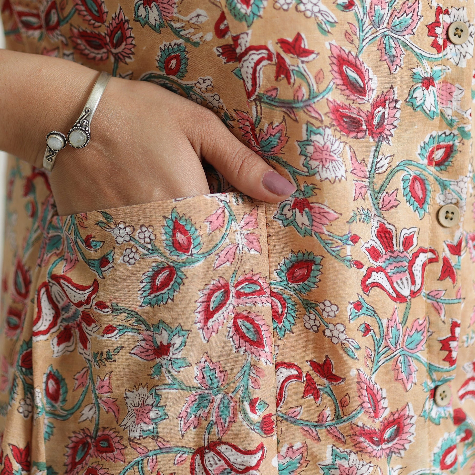 Beige - Sanganeri Block Printed Cotton Collared Neck Buttoned Down Dress