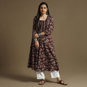 Brown - Bagru Hand Block Printed Cotton A-Line Long Kurta
