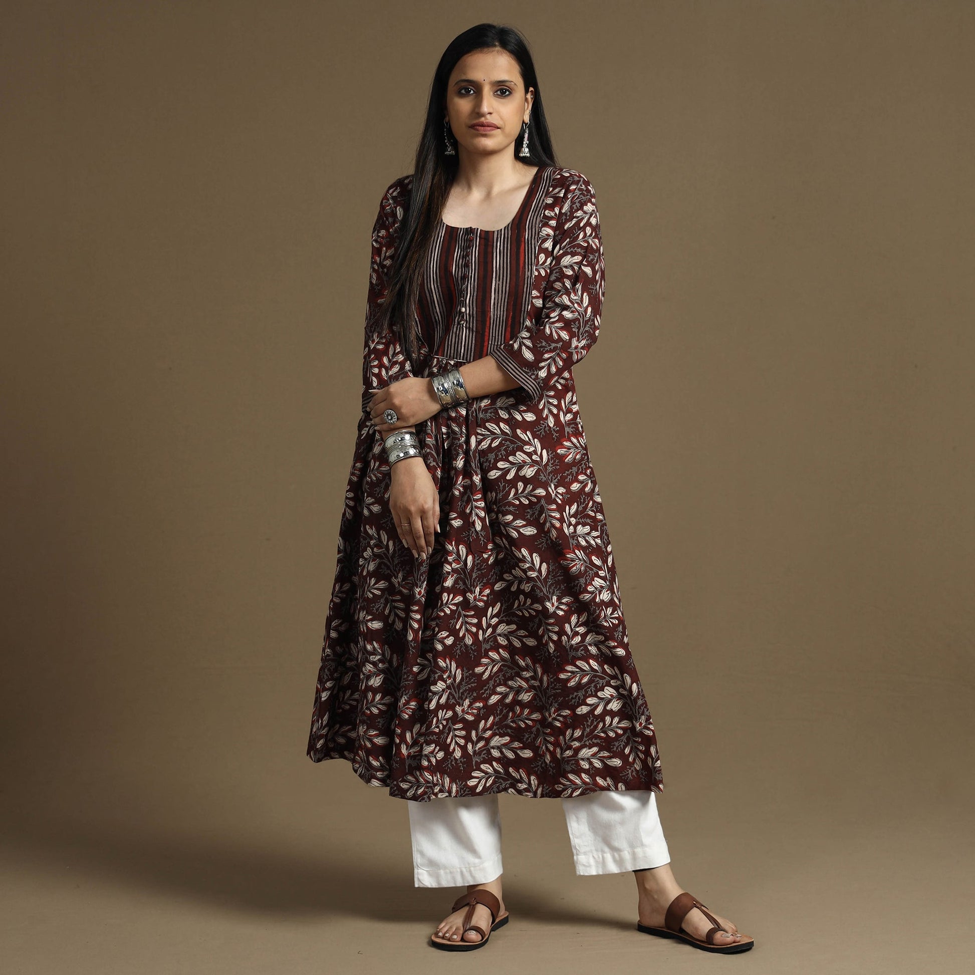 Brown - Bagru Hand Block Printed Cotton A-Line Long Kurta