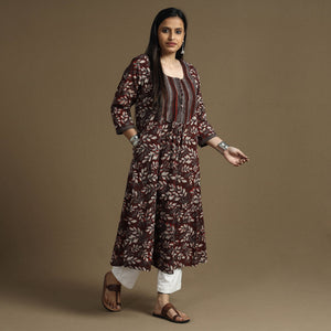 Brown - Bagru Hand Block Printed Cotton A-Line Long Kurta