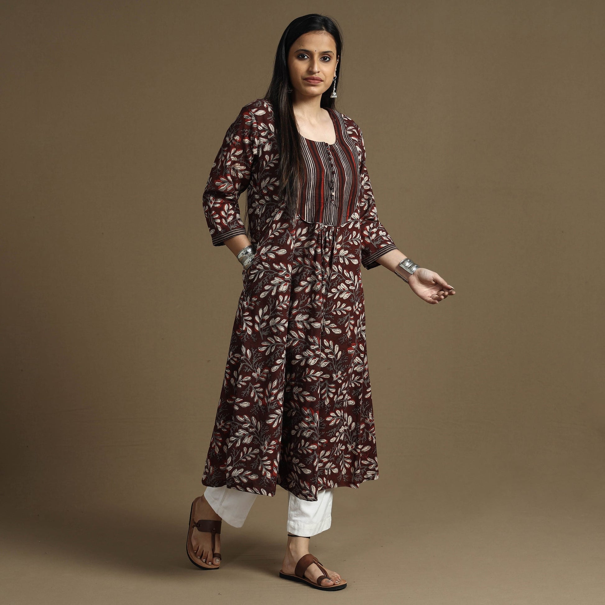 Brown - Bagru Hand Block Printed Cotton A-Line Long Kurta