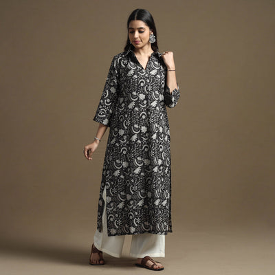 Black - Bagru Hand Block Printed Cotton Straight Kurta