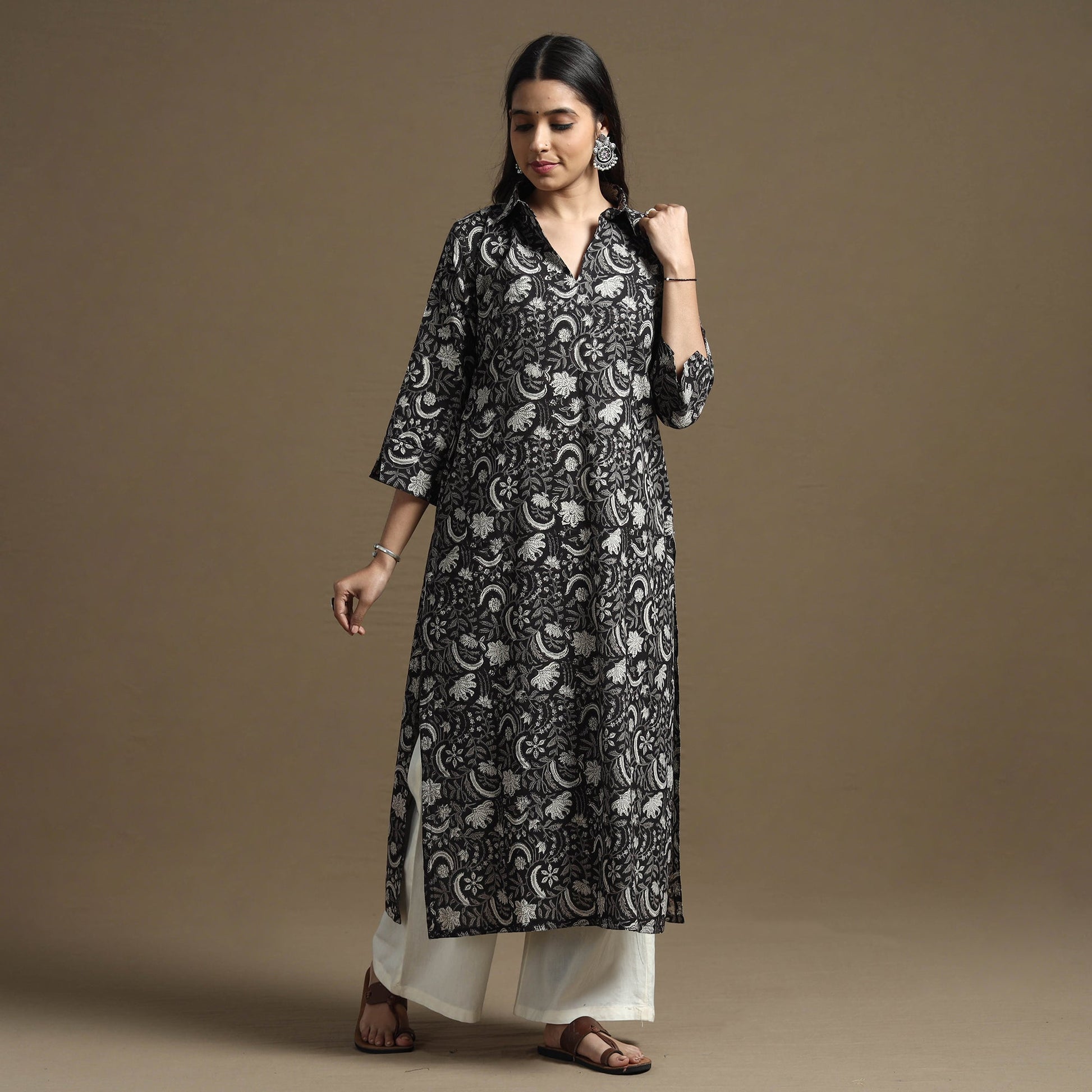 Black - Bagru Hand Block Printed Cotton Straight Kurta
