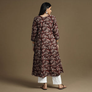 Brown - Bagru Hand Block Printed Cotton A-Line Long Kurta