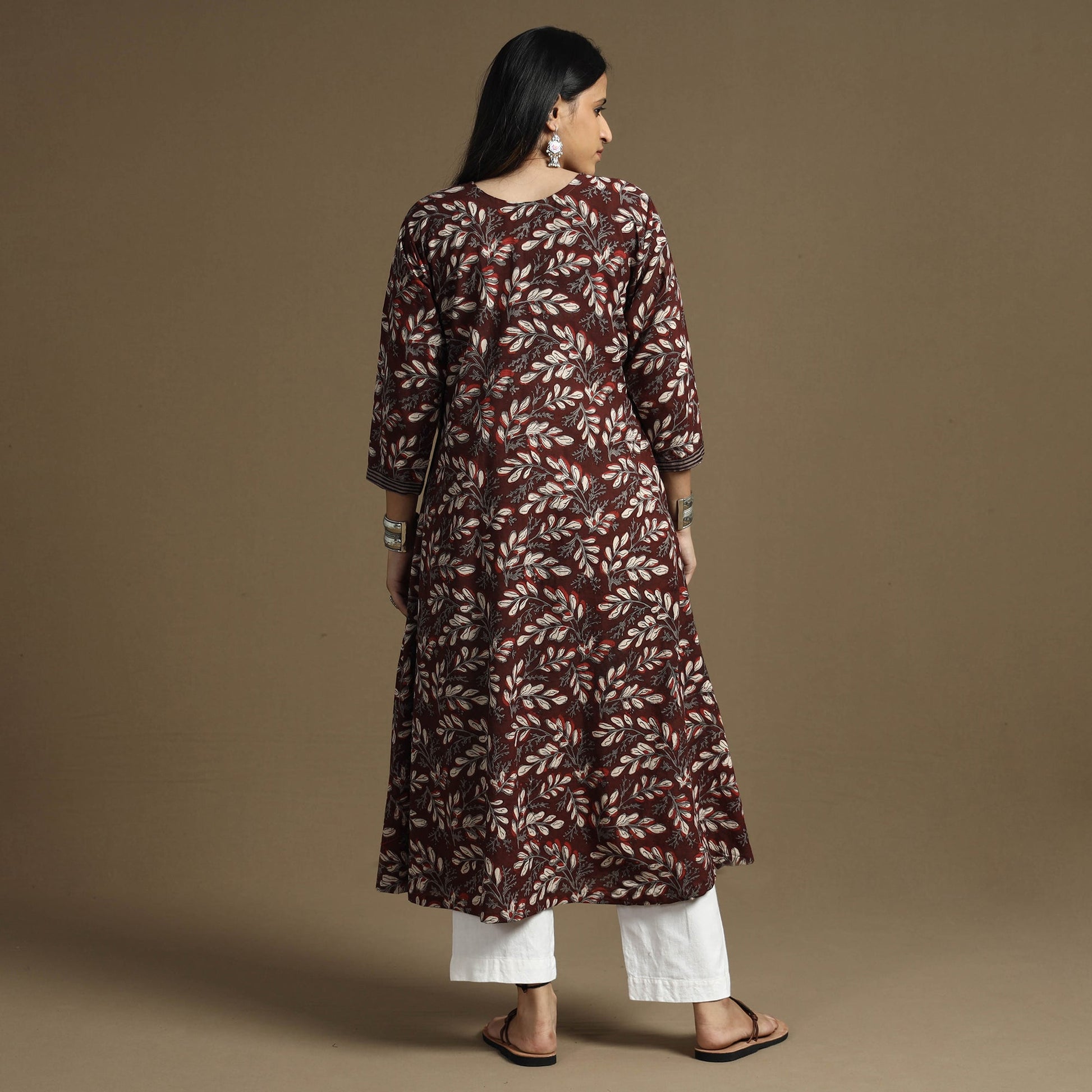 Brown - Bagru Hand Block Printed Cotton A-Line Long Kurta