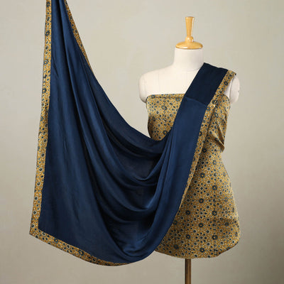 Brown - 3pc Modal Silk Ajrakh Print Kurta with Plain Dupatta 12