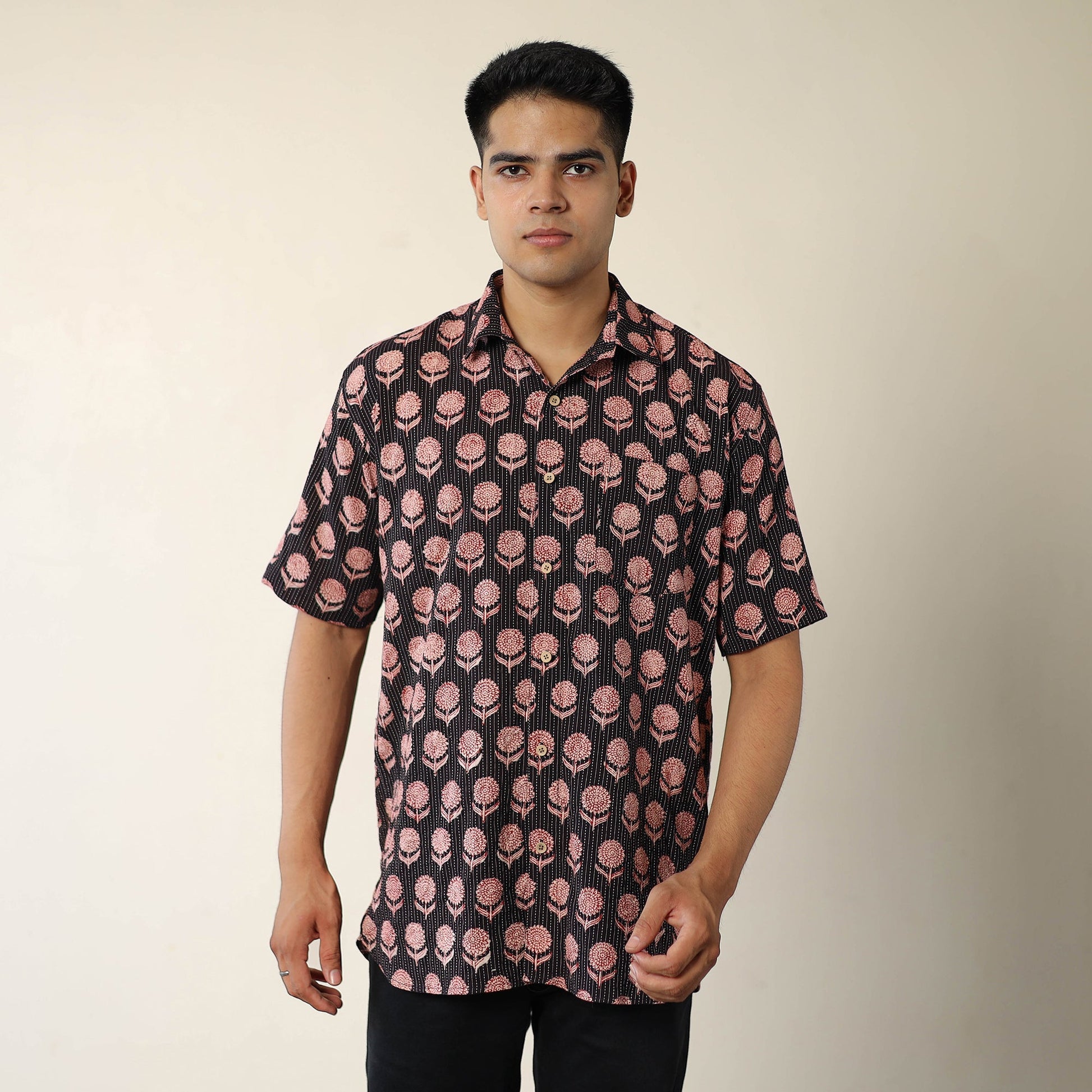Black - Bagh Prints Kantha Cotton Men Half Sleeve Shirt 14