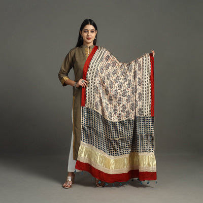 Beige - Hand Block Print Modal Silk Lagdi Patta Ajrakh Dupatta 44
