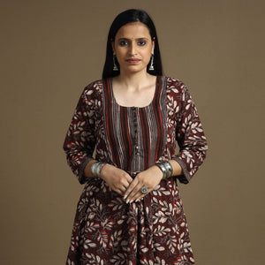 Brown - Bagru Hand Block Printed Cotton A-Line Long Kurta