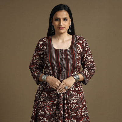Brown - Bagru Hand Block Printed Cotton A-Line Long Kurta
