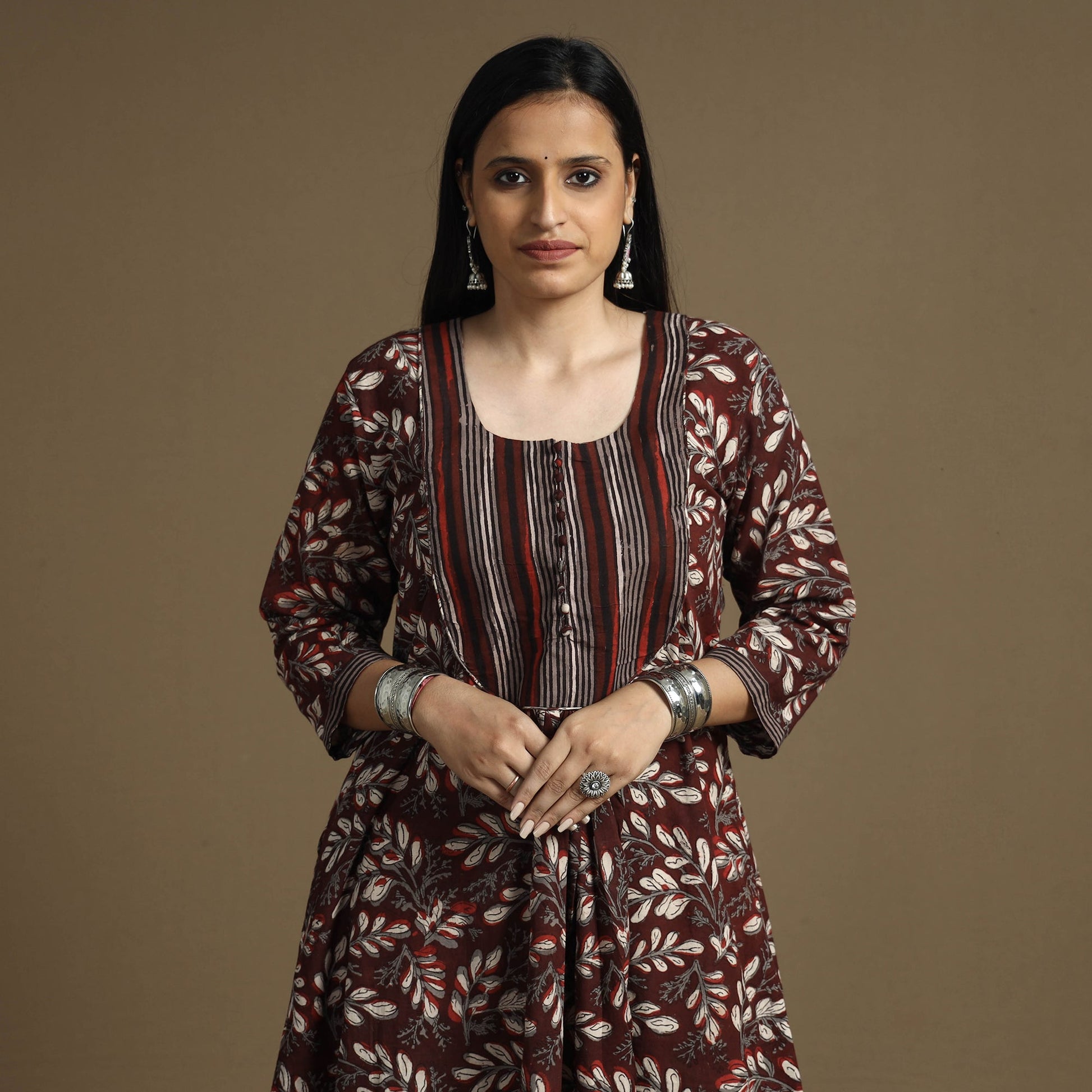 Brown - Bagru Hand Block Printed Cotton A-Line Long Kurta