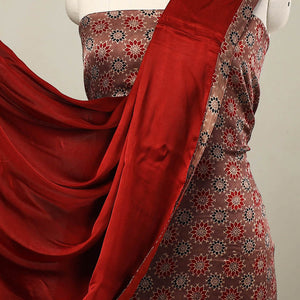 Brown - 3pc Modal Silk Ajrakh Print Kurta with Plain Dupatta 13