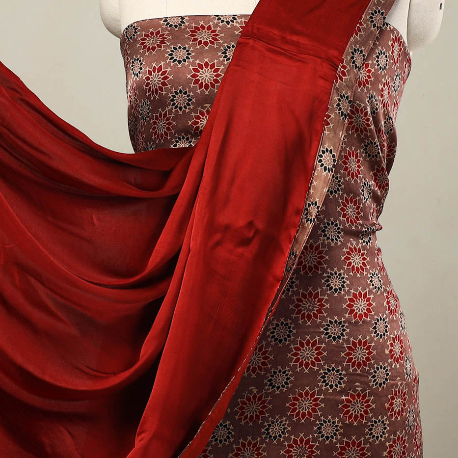 Brown - 3pc Modal Silk Ajrakh Print Kurta with Plain Dupatta 13