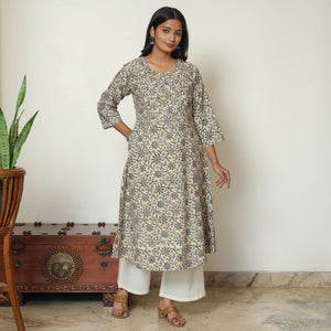 Beige - Pedana Kalamkari Hand Block Printed Cotton Pintuck A-Line Kurta 56
