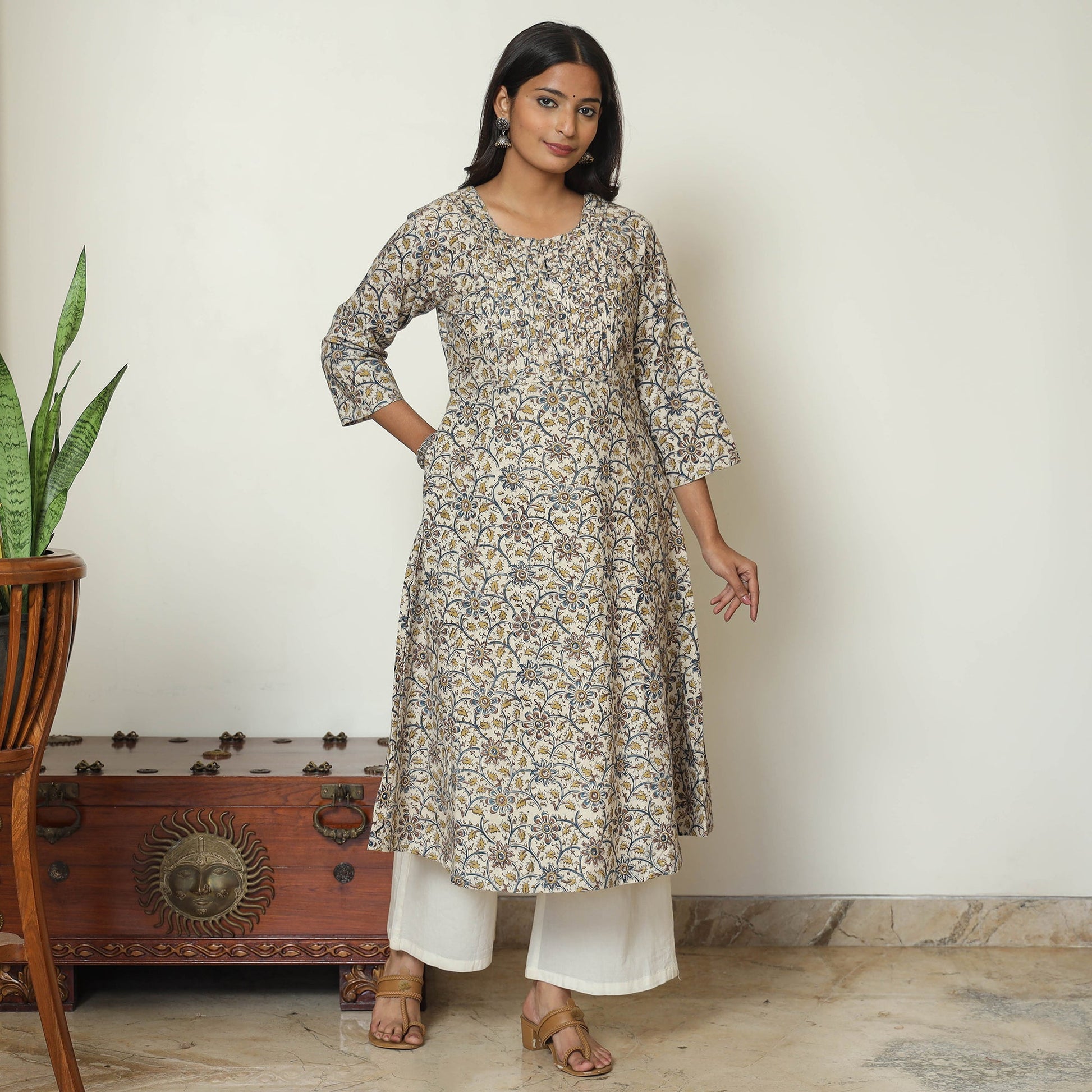 Beige - Pedana Kalamkari Hand Block Printed Cotton Pintuck A-Line Kurta 56