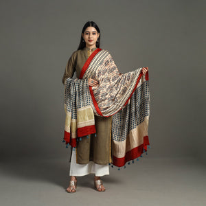 Beige - Hand Block Print Modal Silk Lagdi Patta Ajrakh Dupatta 44