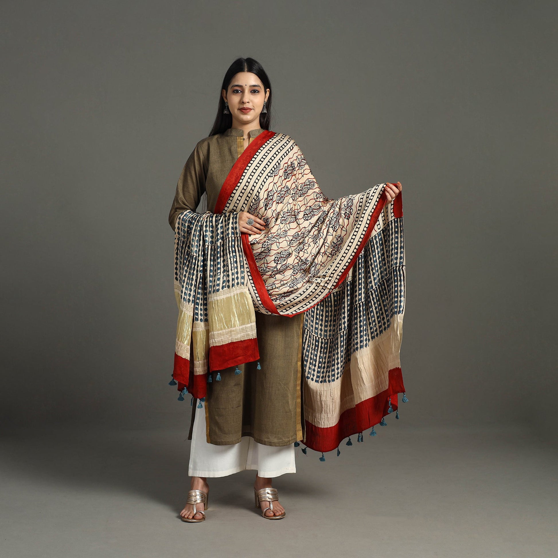 Beige - Hand Block Print Modal Silk Lagdi Patta Ajrakh Dupatta 44