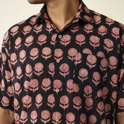 Black - Bagh Prints Kantha Cotton Men Half Sleeve Shirt 14